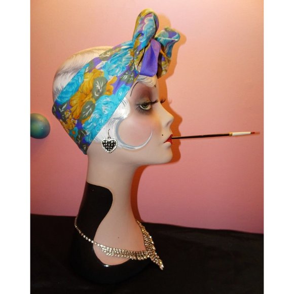 Vintage Blue & Purple Extra Large Floral Scarf square shaped flowers leaves 70s - Picture 16 of 16